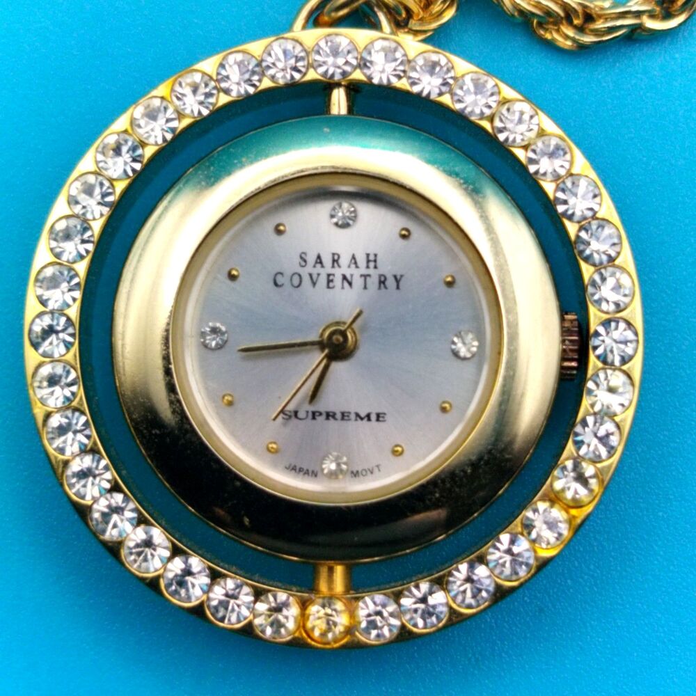 Vintage Sarah Coventry Supreme Gold Tone Pendant Watch Rhinestone Bezel Japan